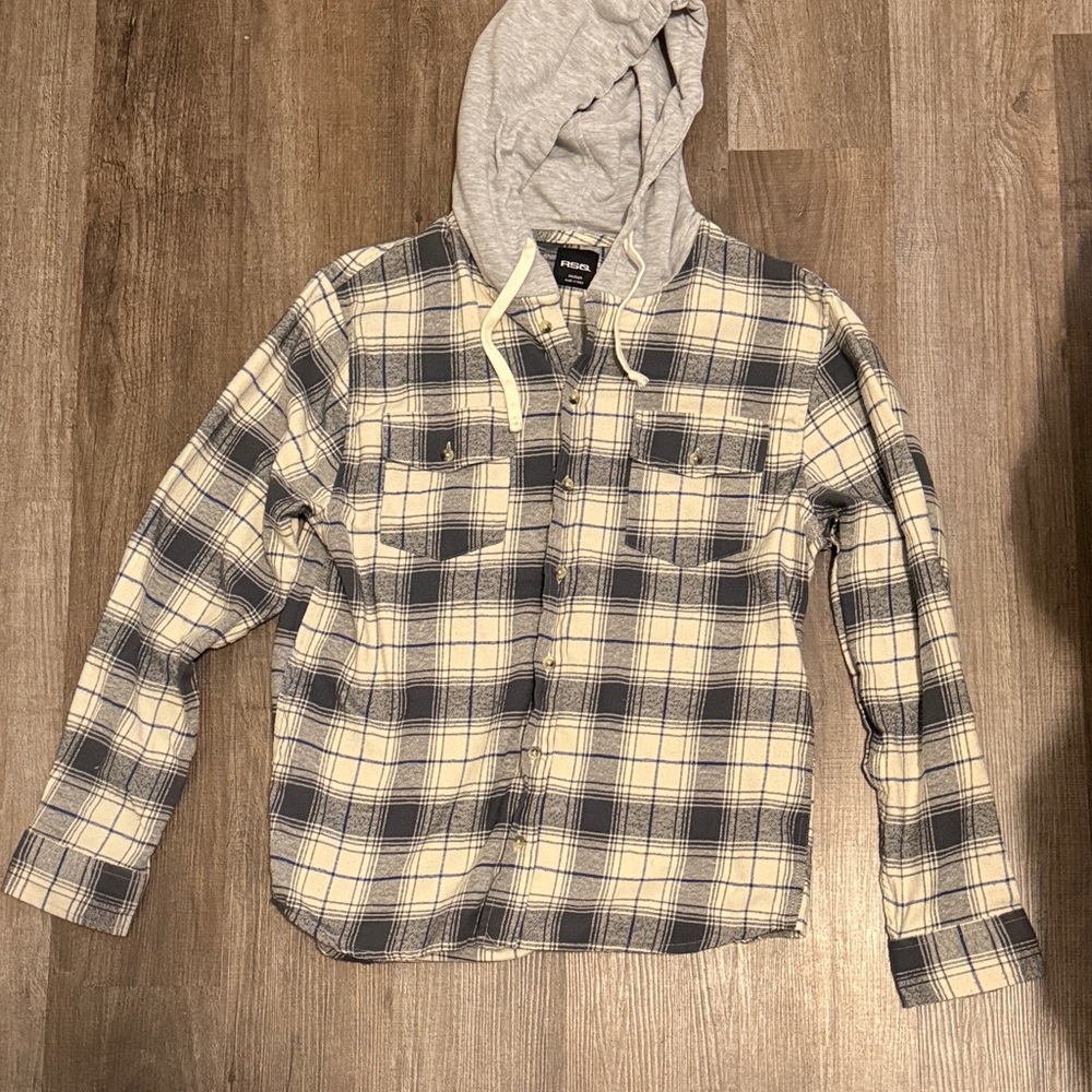 RSQ Gray and Cream Plaid Hooded Shirt